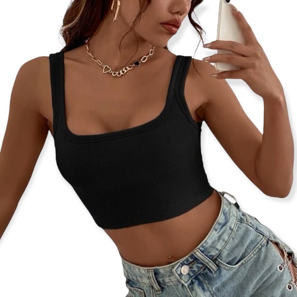 Solid Black Cropped Tank Top - image 2